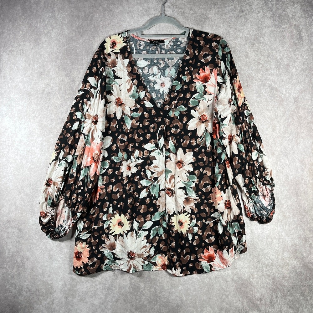 Oddi Top Womens 3XL Black Brown Floral Long Sleeve‎ V-Neck Boho Casual Office